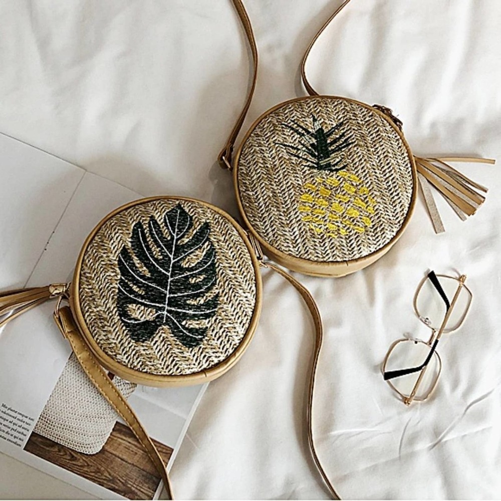 Tropical Pineapple Embroidered Round Straw Crossbody Bag - Picture 14 of 16